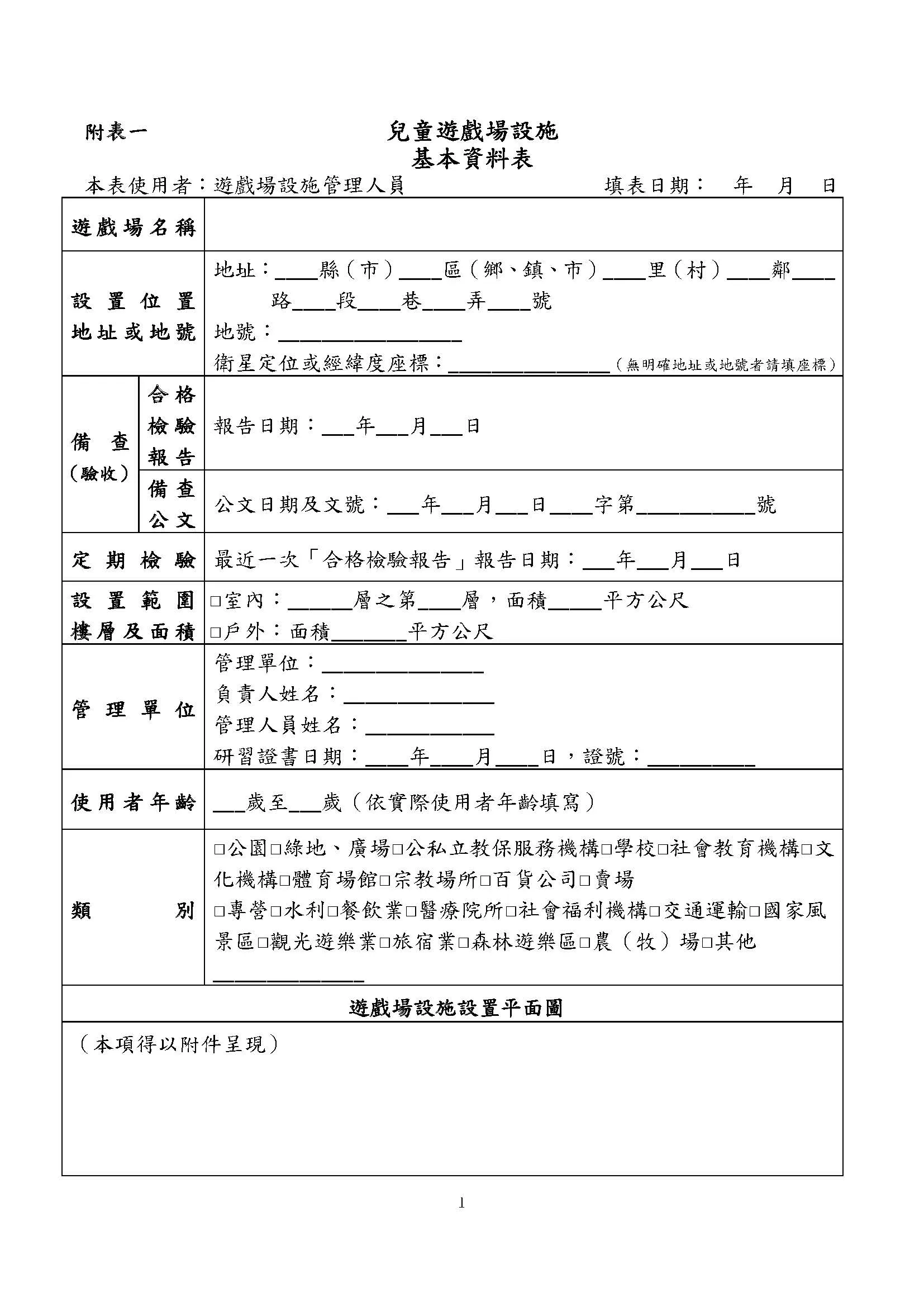 附表一 兒童遊戲場設施基本資料表1