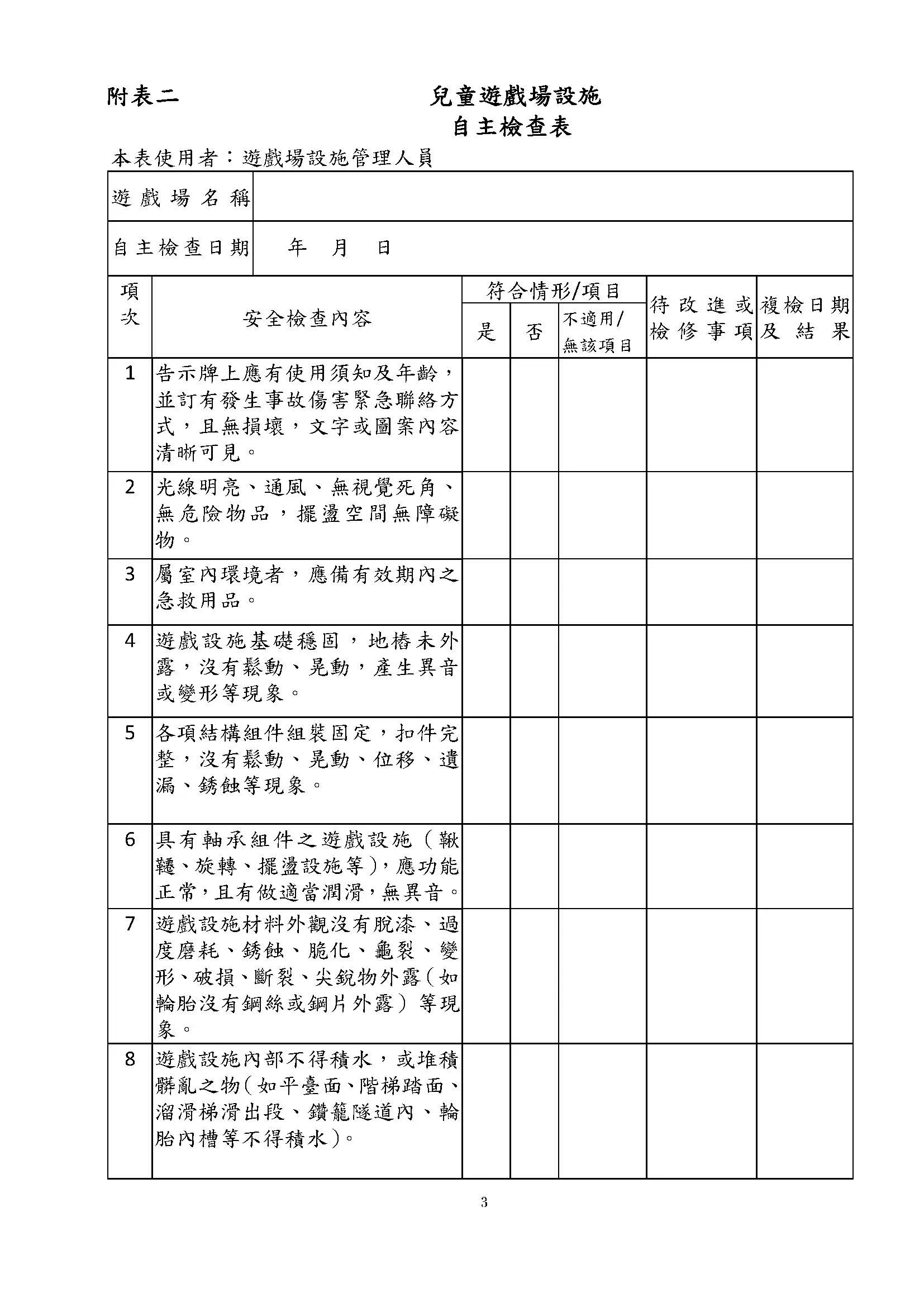 附表二 兒童遊戲場設施自主檢查表 頁面 1